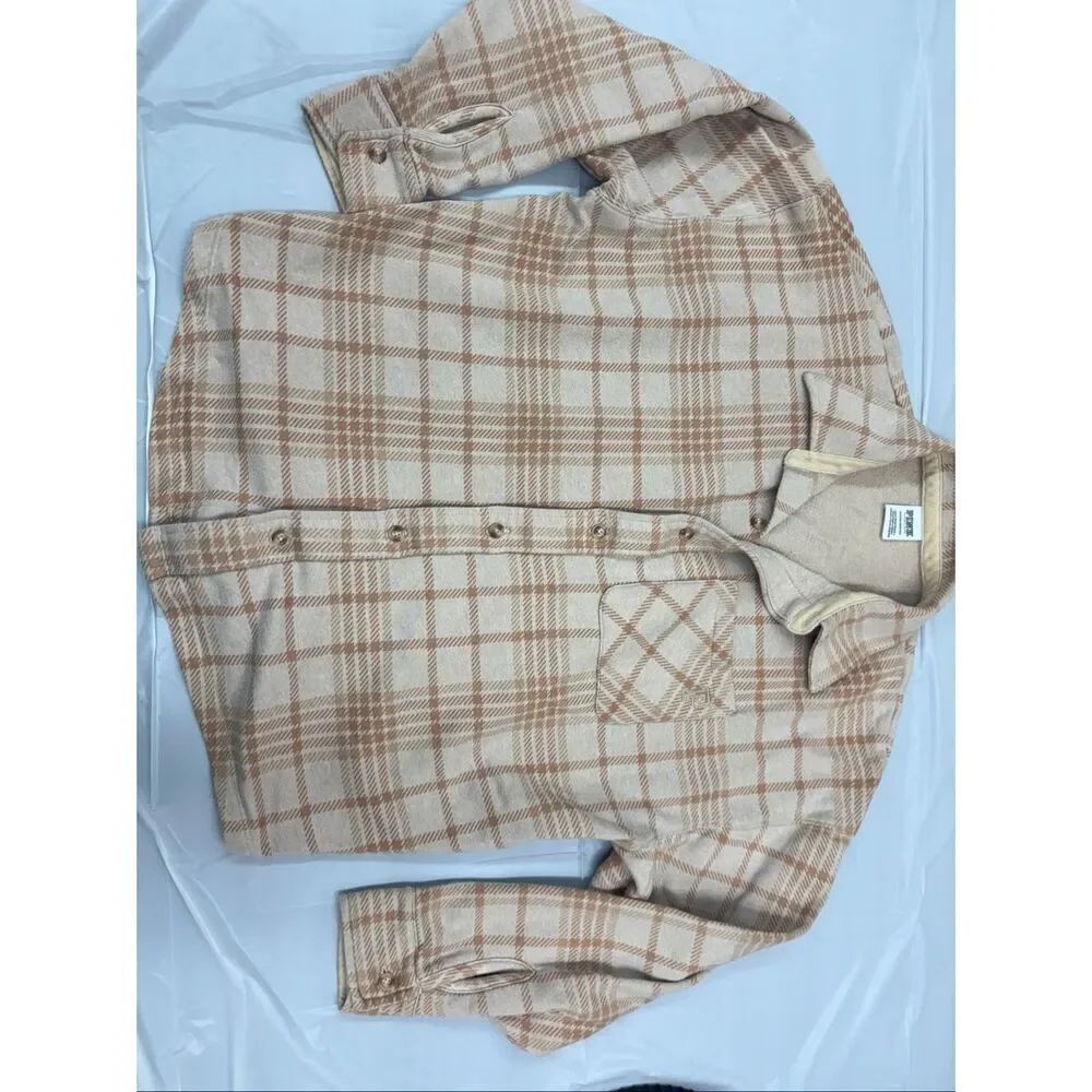 PINK Victoria’s Secret Tan Plaid Button Up Flannel Shirt Jacket Size X-Small